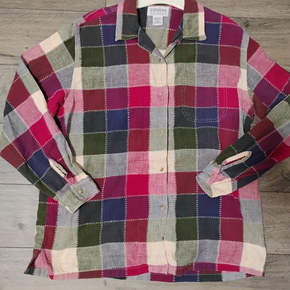 90's Carolina Colours Colorblock Gauze Button-Up Shirt XL 100%Cotton Windowpane - Picture 15 of 15